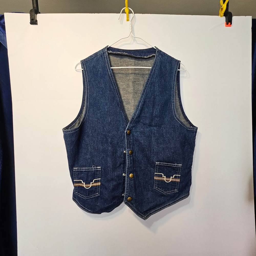 Vintage 70s Western Denim Vest Blue Snap Front Embroidered Pockets Mens Med Jean - Picture 8 of 9